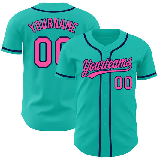 Custom Aqua Pink-Navy Authentic Baseball Jersey - Main View