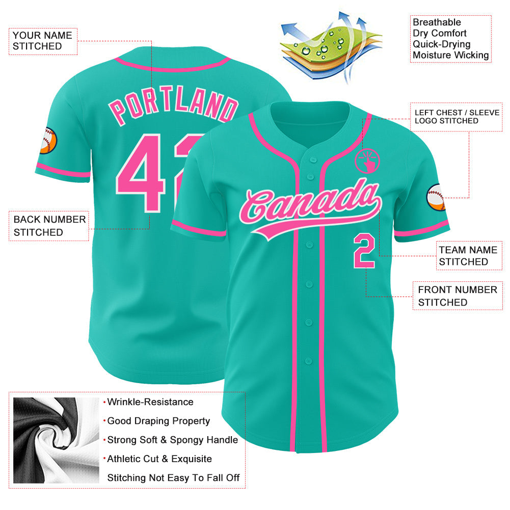 Custom Aqua Pink-White Authentic Baseball Jersey view 4