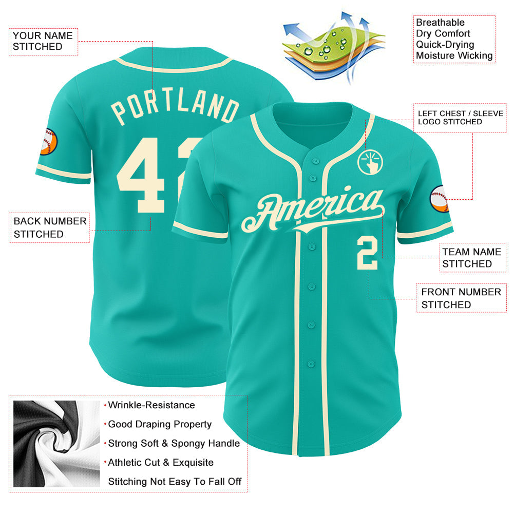 Custom Aqua Cream Authentic Baseball Jersey view 3