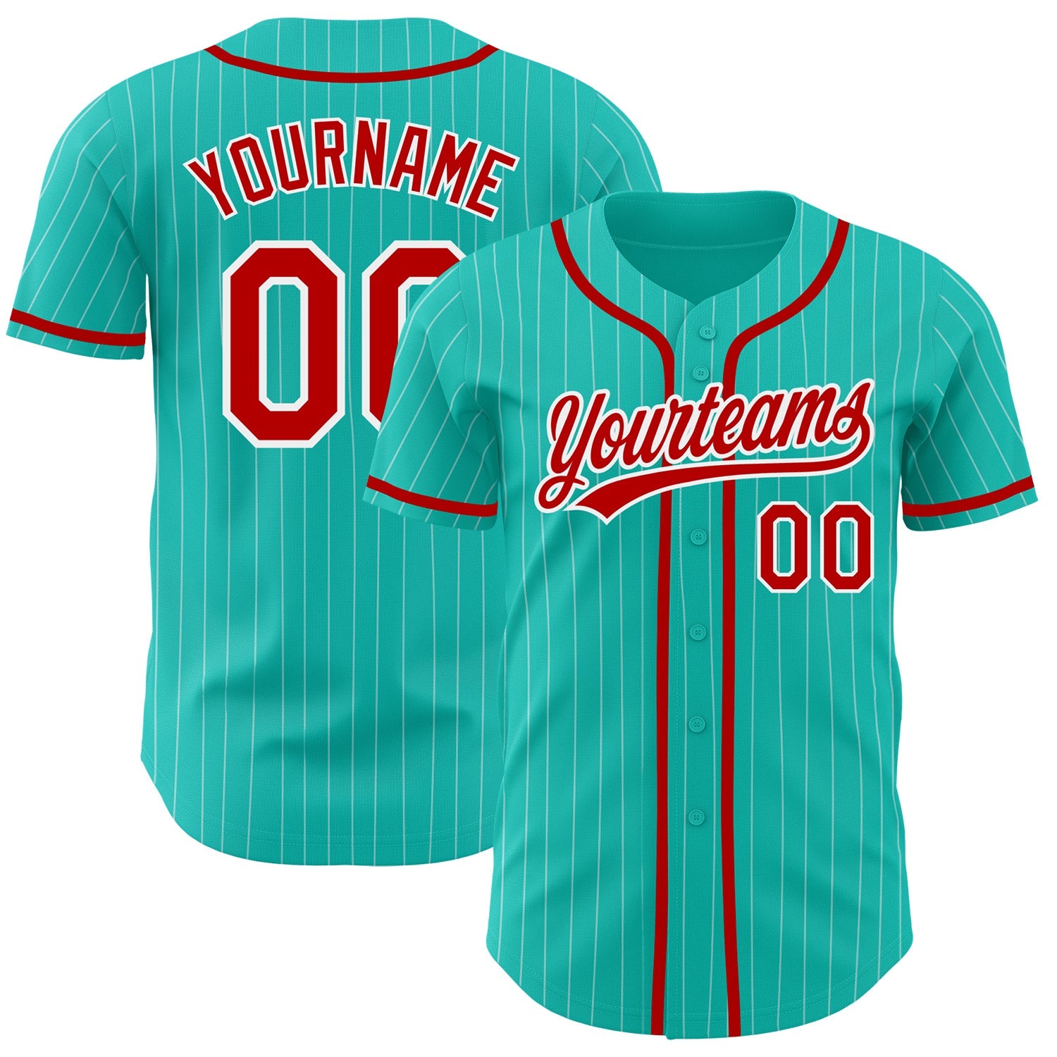 Custom Aqua White Pinstripe Red Authentic Baseball Jersey - Main View