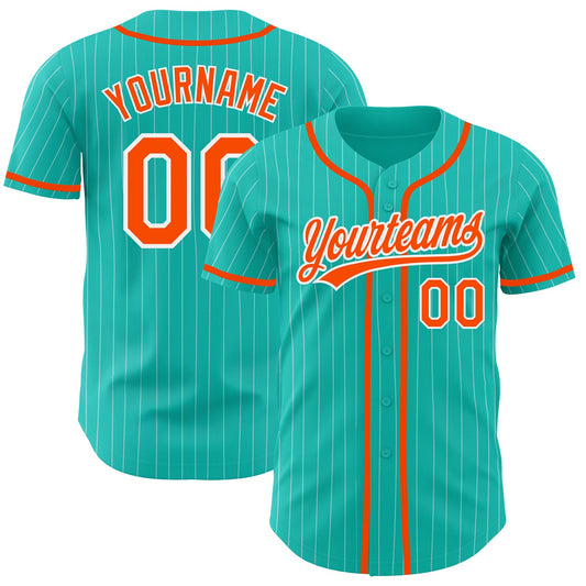 Custom Aqua White Pinstripe Orange Authentic Baseball Jersey - Main View