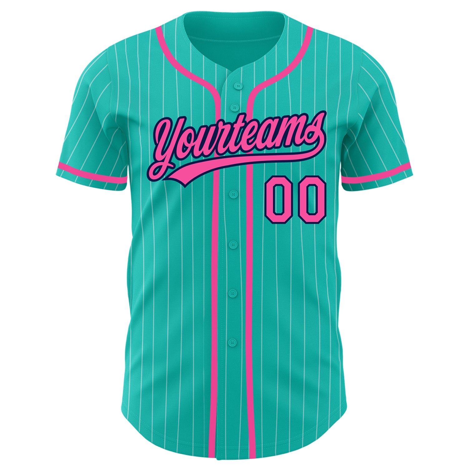 Custom Aqua White Pinstripe Pink-Navy Authentic Baseball Jersey view 3