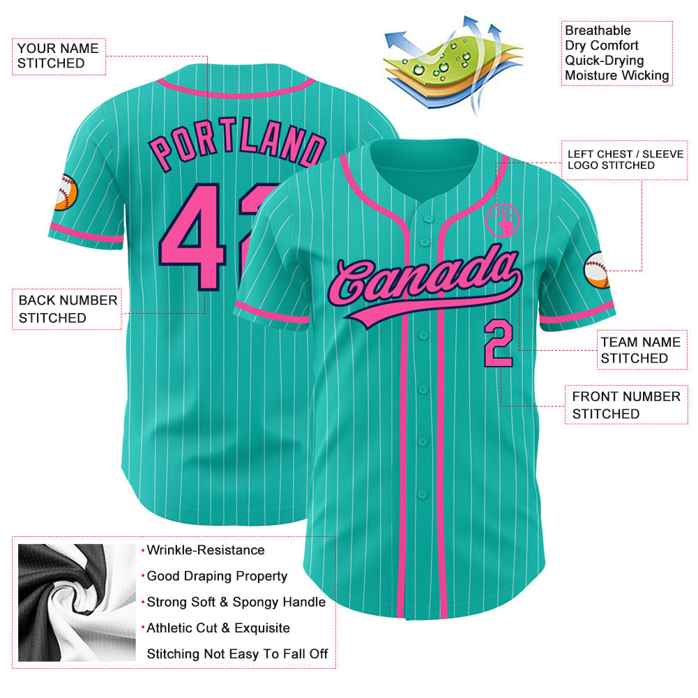 Custom Aqua White Pinstripe Pink-Navy Authentic Baseball Jersey view 4