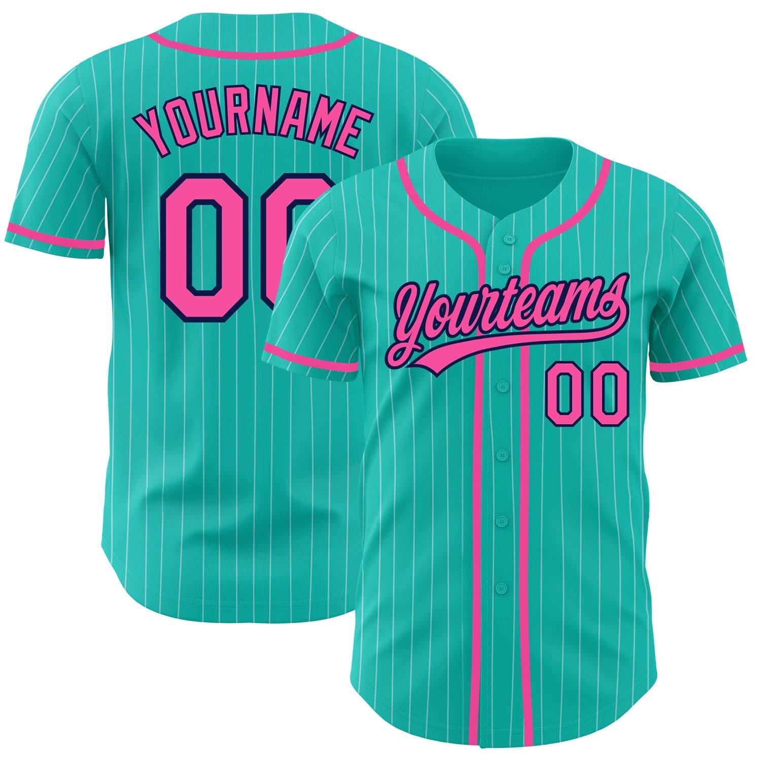 Custom Aqua White Pinstripe Pink-Navy Authentic Baseball Jersey - Main View