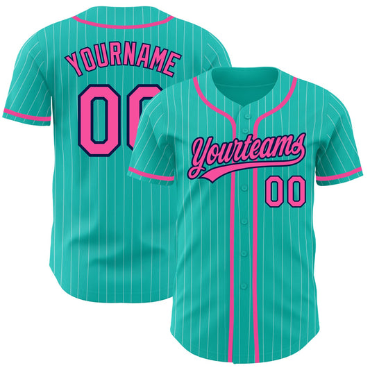 Custom Aqua White Pinstripe Pink-Navy Authentic Baseball Jersey - Main View