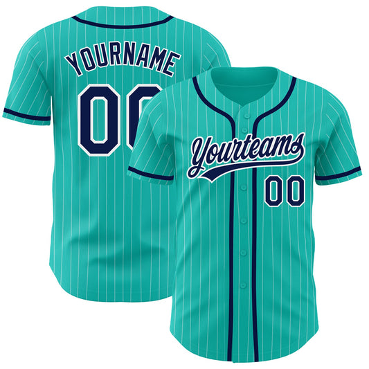 Custom Aqua White Pinstripe Navy Authentic Baseball Jersey - Main View