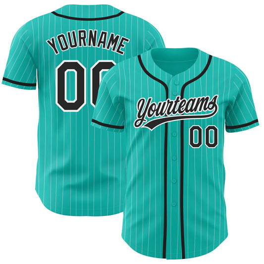 Custom Aqua White Pinstripe Black Authentic Baseball Jersey - Main View