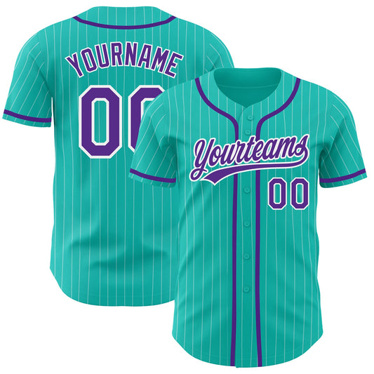 Custom Aqua White Pinstripe Purple Authentic Baseball Jersey - Main View