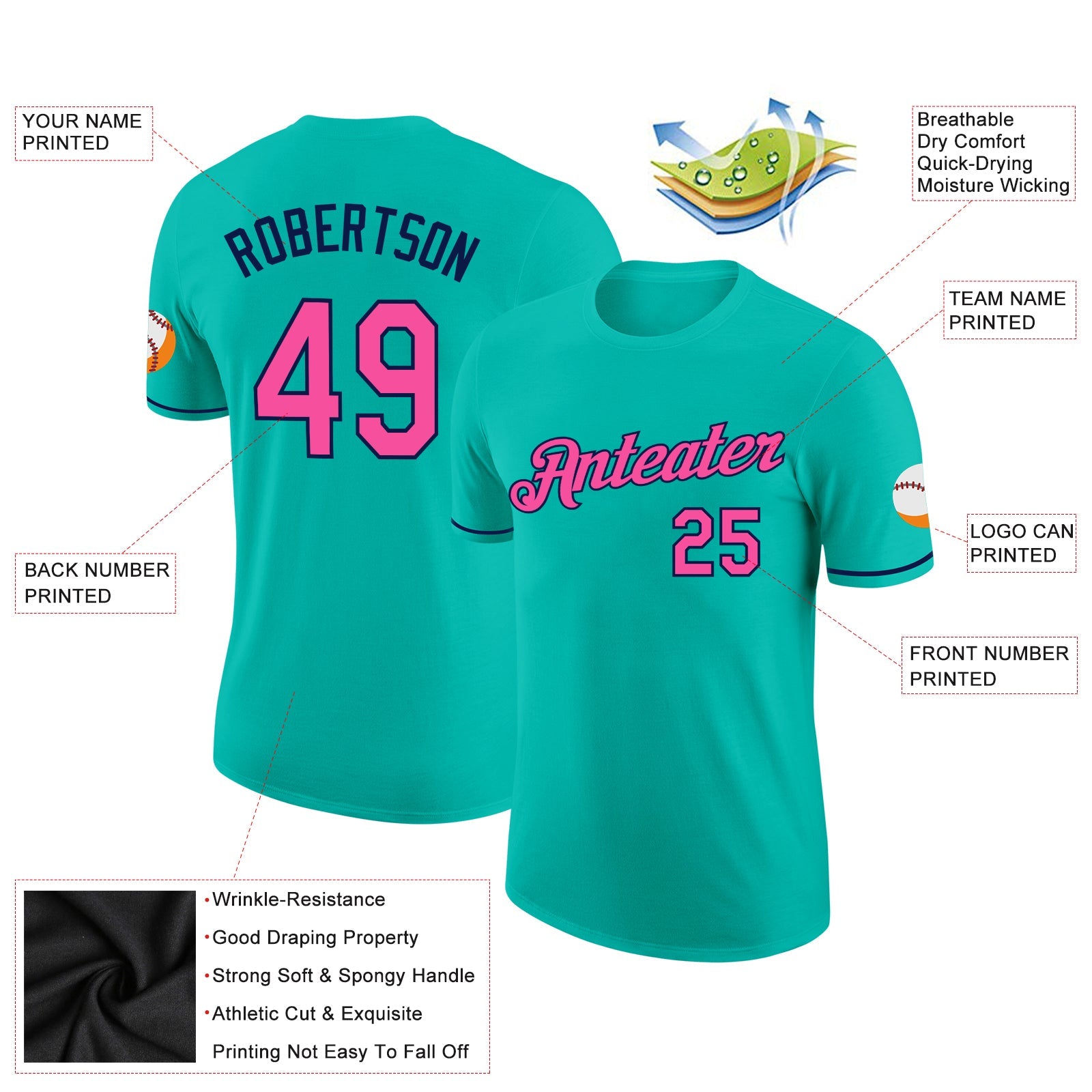 Custom Aqua Pink-Navy Performance T-Shirt view 2