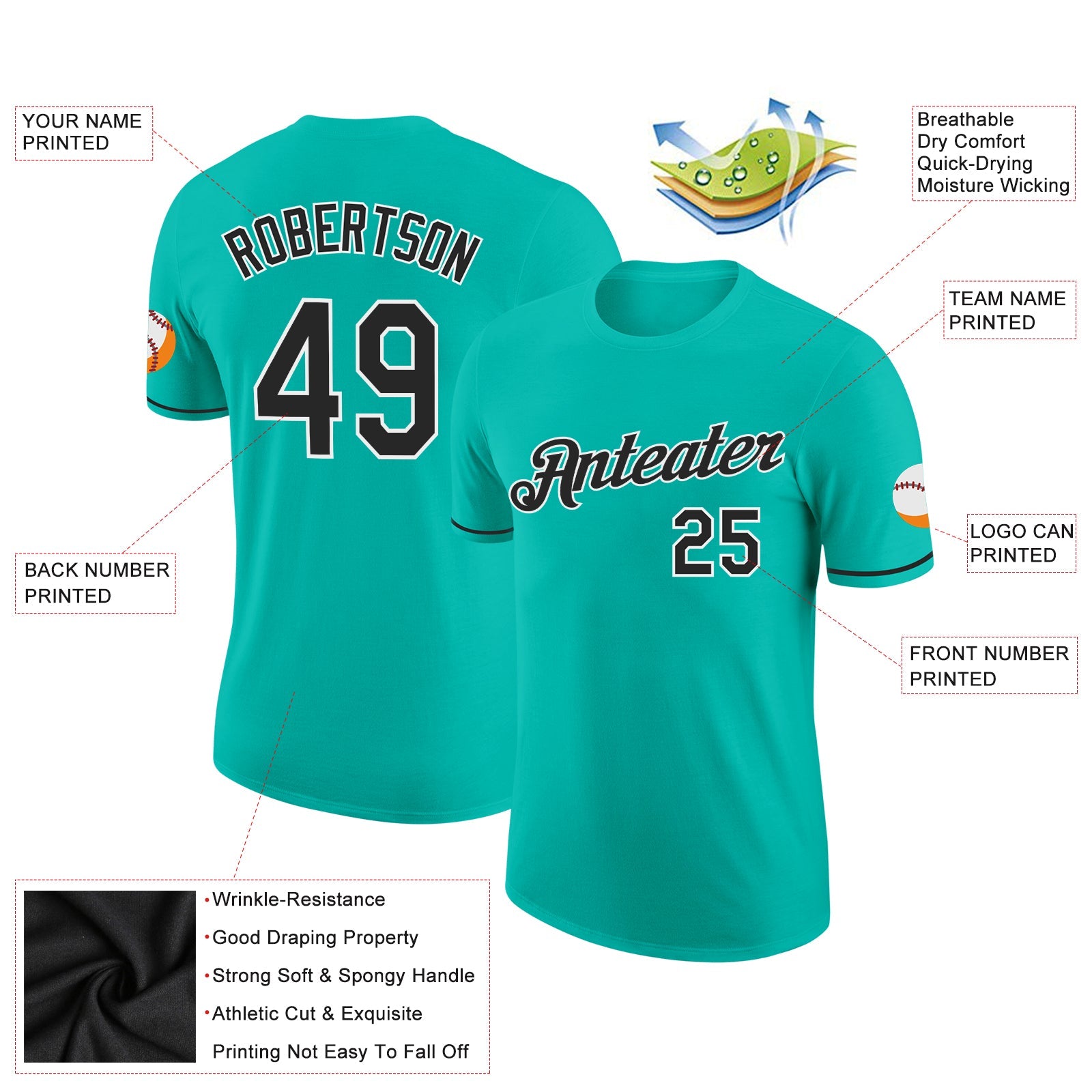Custom Aqua Black-White Performance T-Shirt view 2
