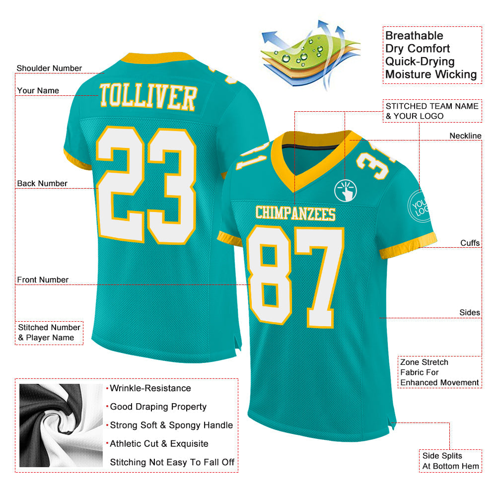 Custom Aqua White-Gold Mesh Authentic Football Jersey view 2