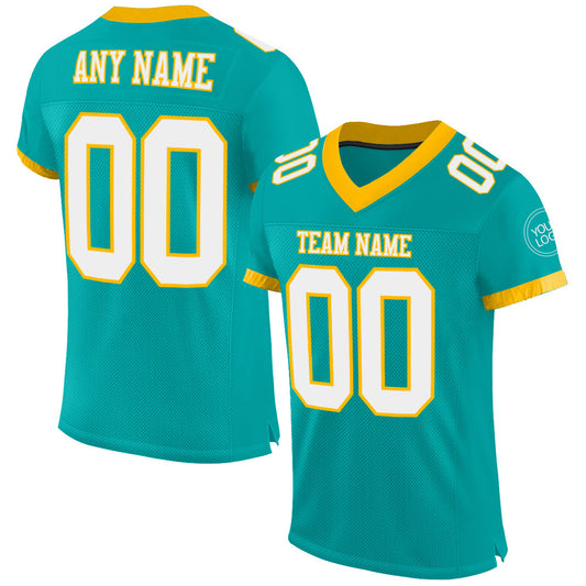 Custom Aqua White-Gold Mesh Authentic Football Jersey - Main View