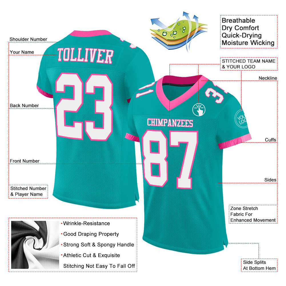 Custom Aqua White-Pink Mesh Authentic Football Jersey view 2