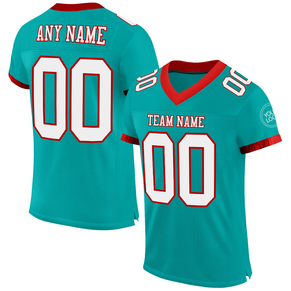 Custom Aqua White-Red Mesh Authentic Football Jersey - Main View