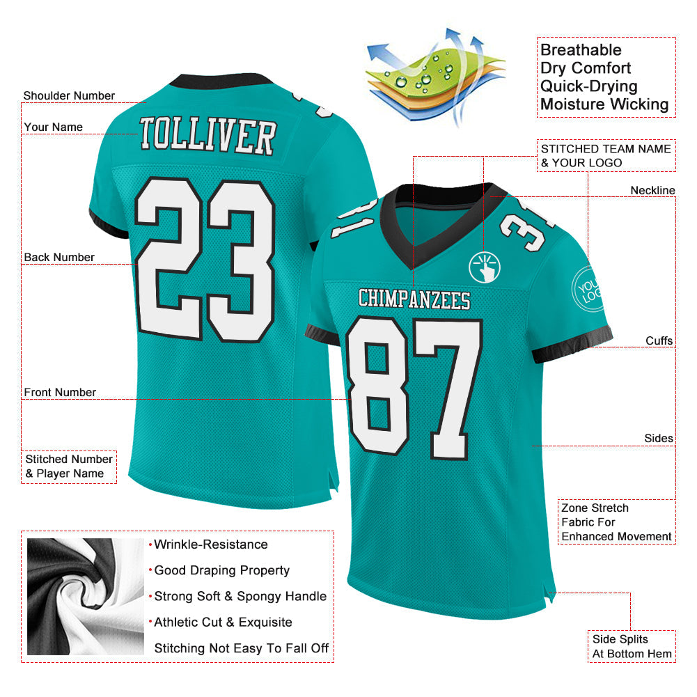 Custom Aqua White-Black Mesh Authentic Football Jersey view 2
