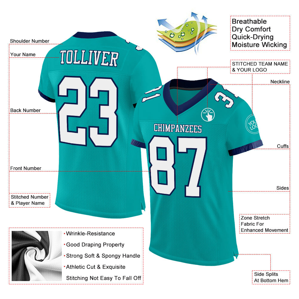 Custom Aqua White-Navy Mesh Authentic Football Jersey view 2