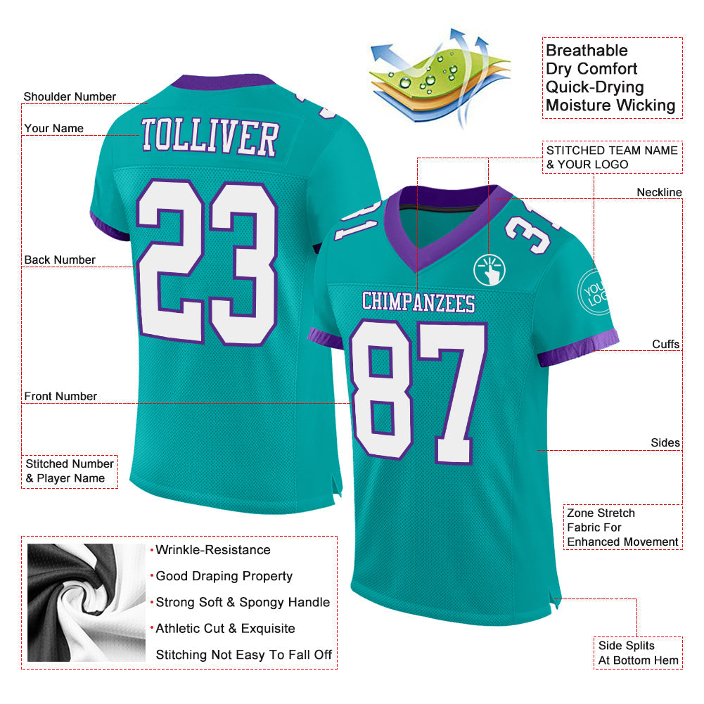 Custom Aqua White-Purple Mesh Authentic Football Jersey view 2