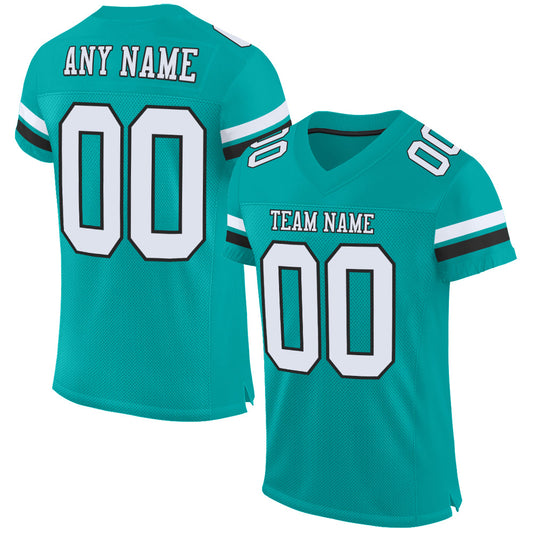 Custom Aqua White-Black Mesh Authentic Football Jersey - Main View