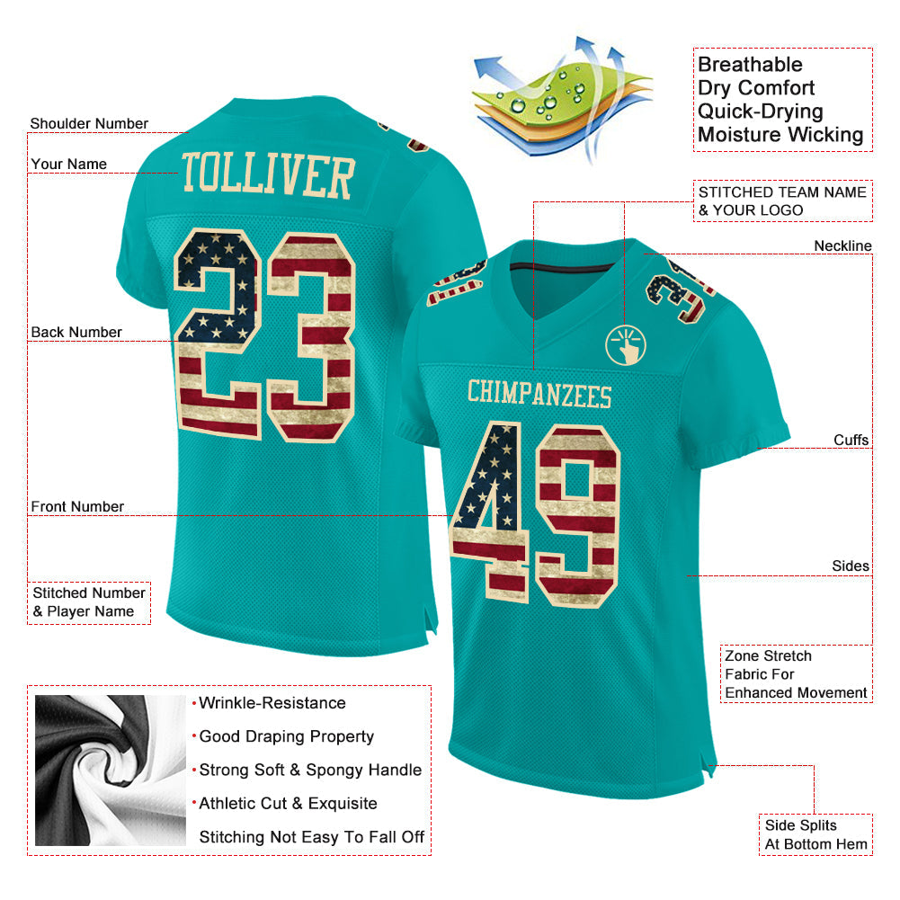 Custom Aqua Vintage USA Flag-City Cream Mesh Authentic Football Jersey view 2