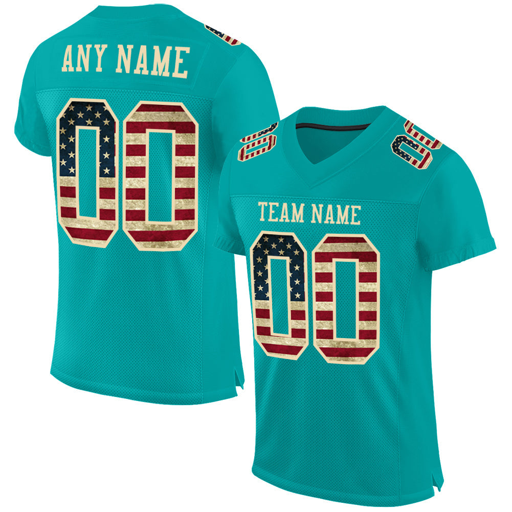Custom Aqua Vintage USA Flag-City Cream Mesh Authentic Football Jersey - Main View