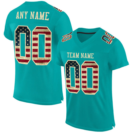 Custom Aqua Vintage USA Flag-City Cream Mesh Authentic Football Jersey - Main View