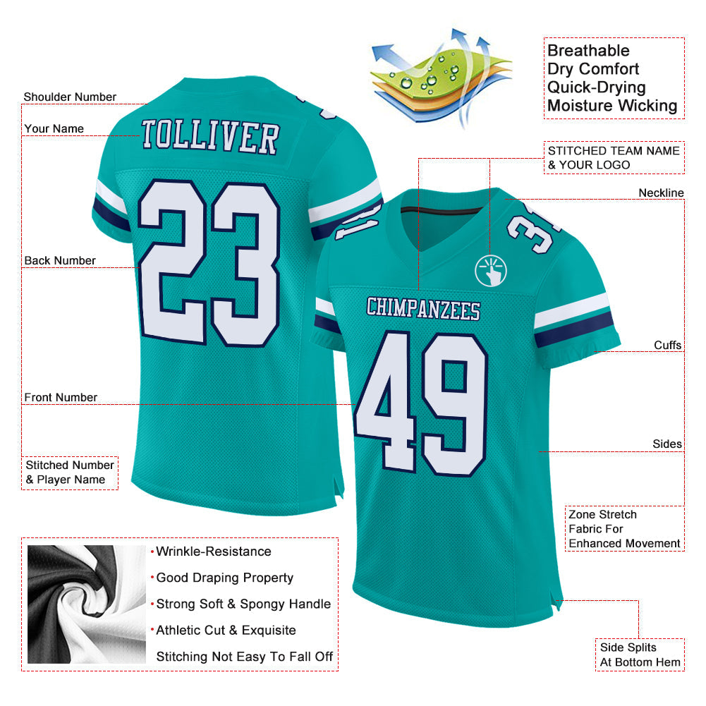 Custom Aqua White-Navy Mesh Authentic Football Jersey view 2