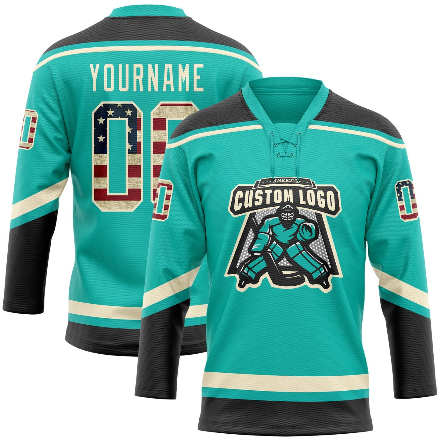 Custom Aqua Vintage USA Flag Black-Cream Hockey Lace Neck Jersey view 2