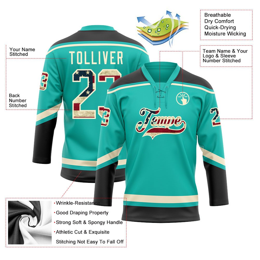 Custom Aqua Vintage USA Flag Black-Cream Hockey Lace Neck Jersey view 3