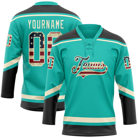 Custom Aqua Vintage USA Flag Black-Cream Hockey Lace Neck Jersey - Main View