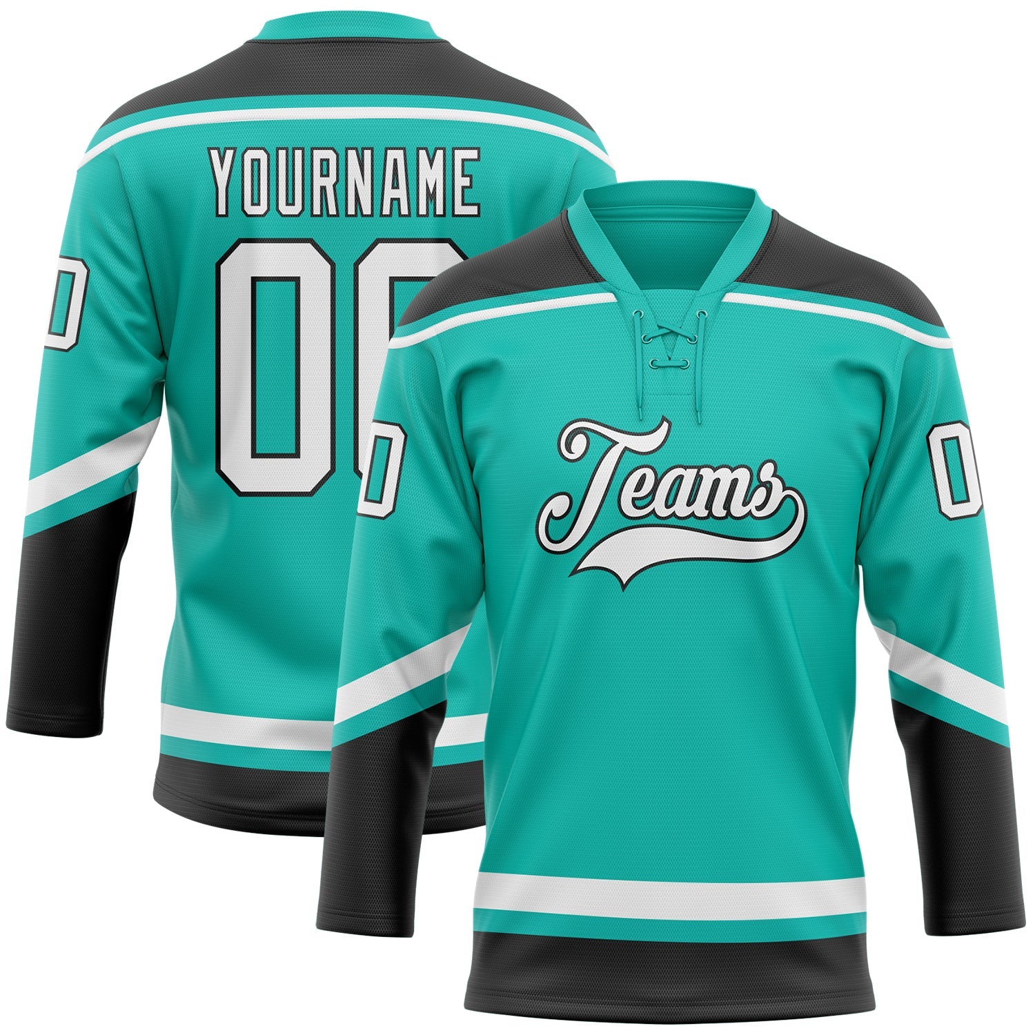 Custom Aqua White-Black Hockey Lace Neck Jersey - Main View