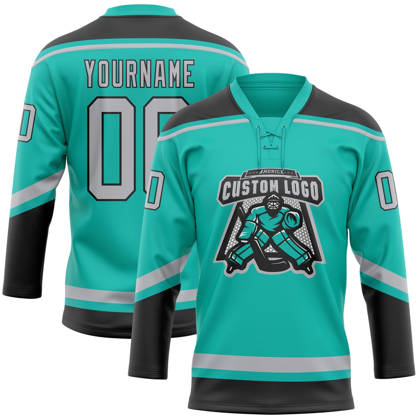 Custom Aqua Gray-Black Hockey Lace Neck Jersey view 2