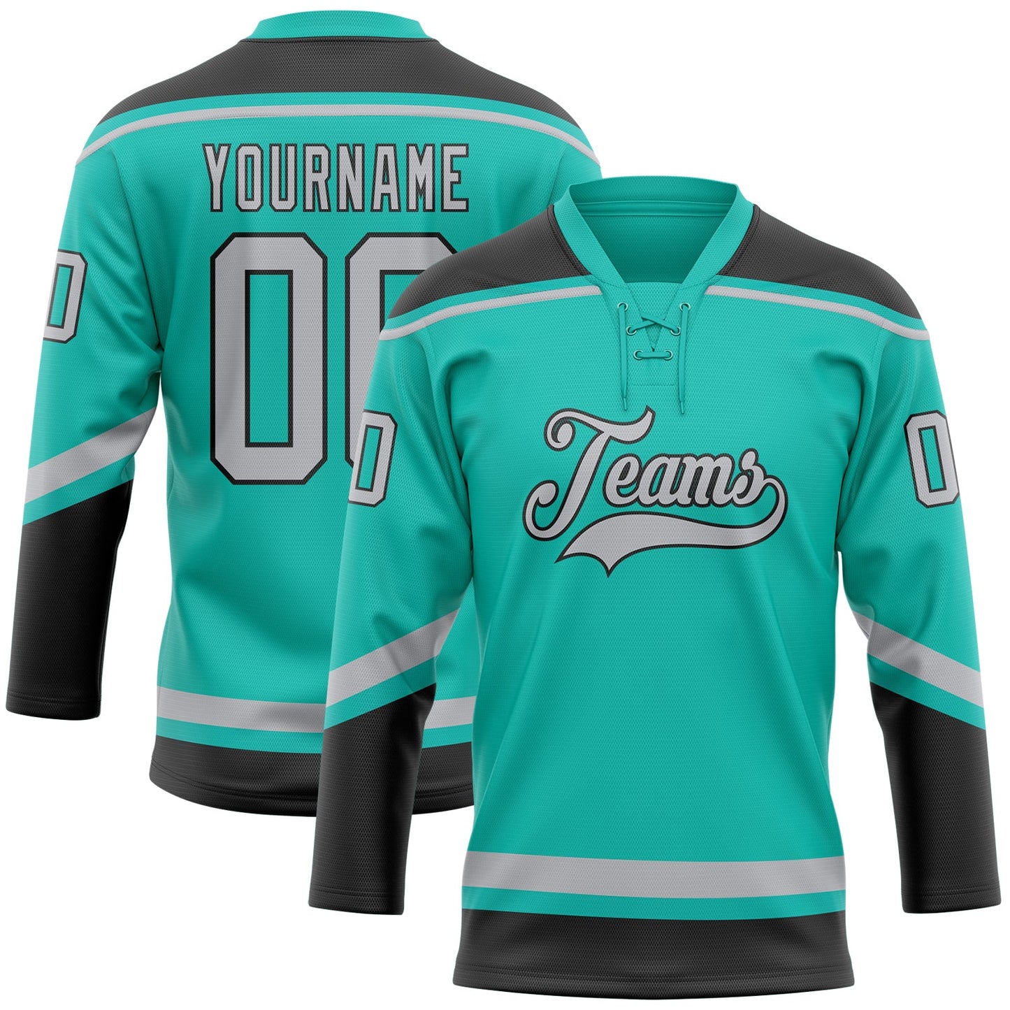 Custom Aqua Gray-Black Hockey Lace Neck Jersey - Main View