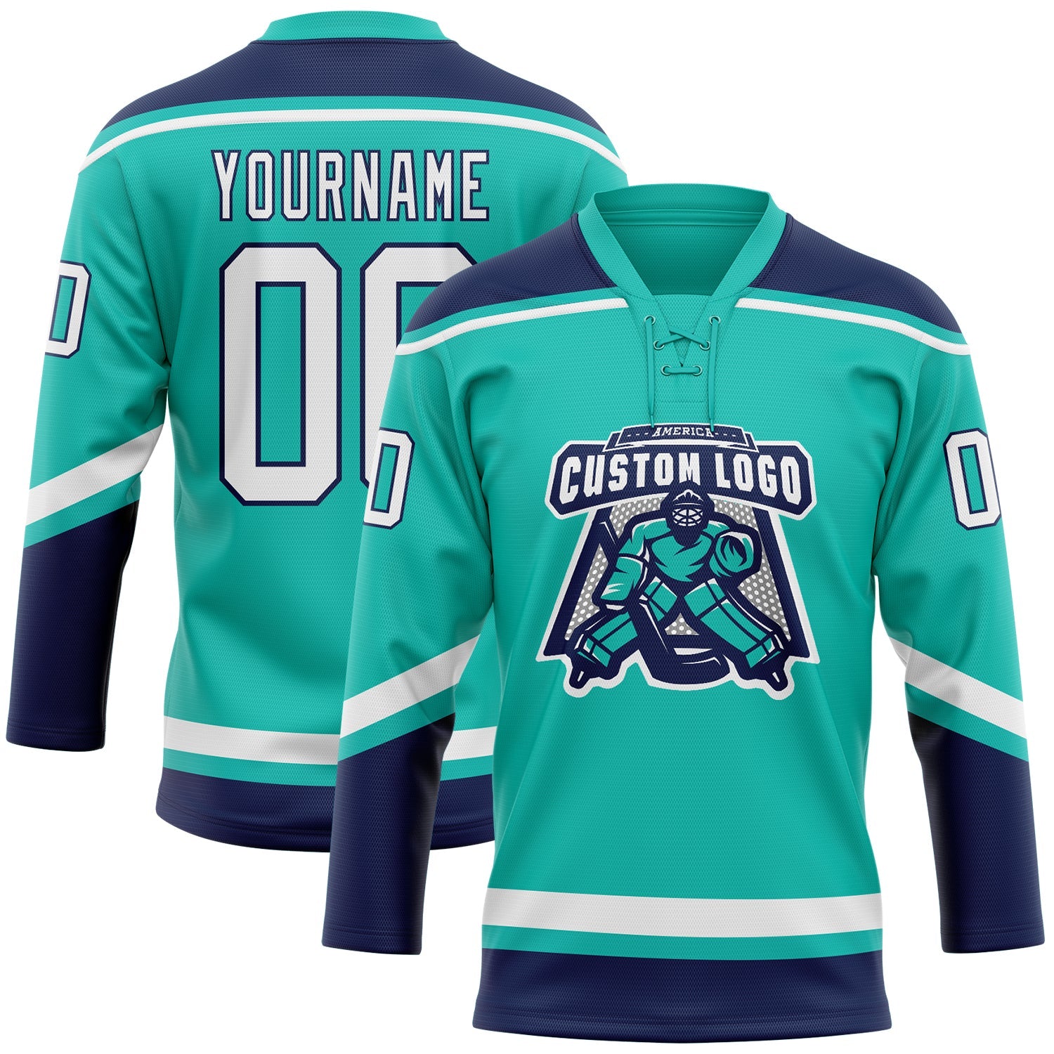 Custom Aqua White-Navy Hockey Lace Neck Jersey view 2