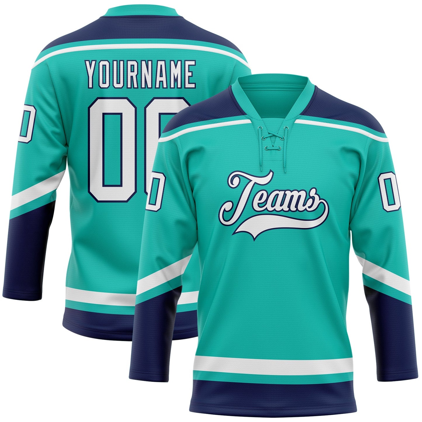 Custom Aqua White-Navy Hockey Lace Neck Jersey - Main View