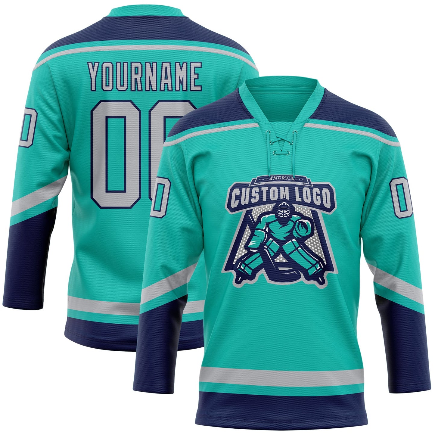 Custom Aqua Gray-Navy Hockey Lace Neck Jersey view 2