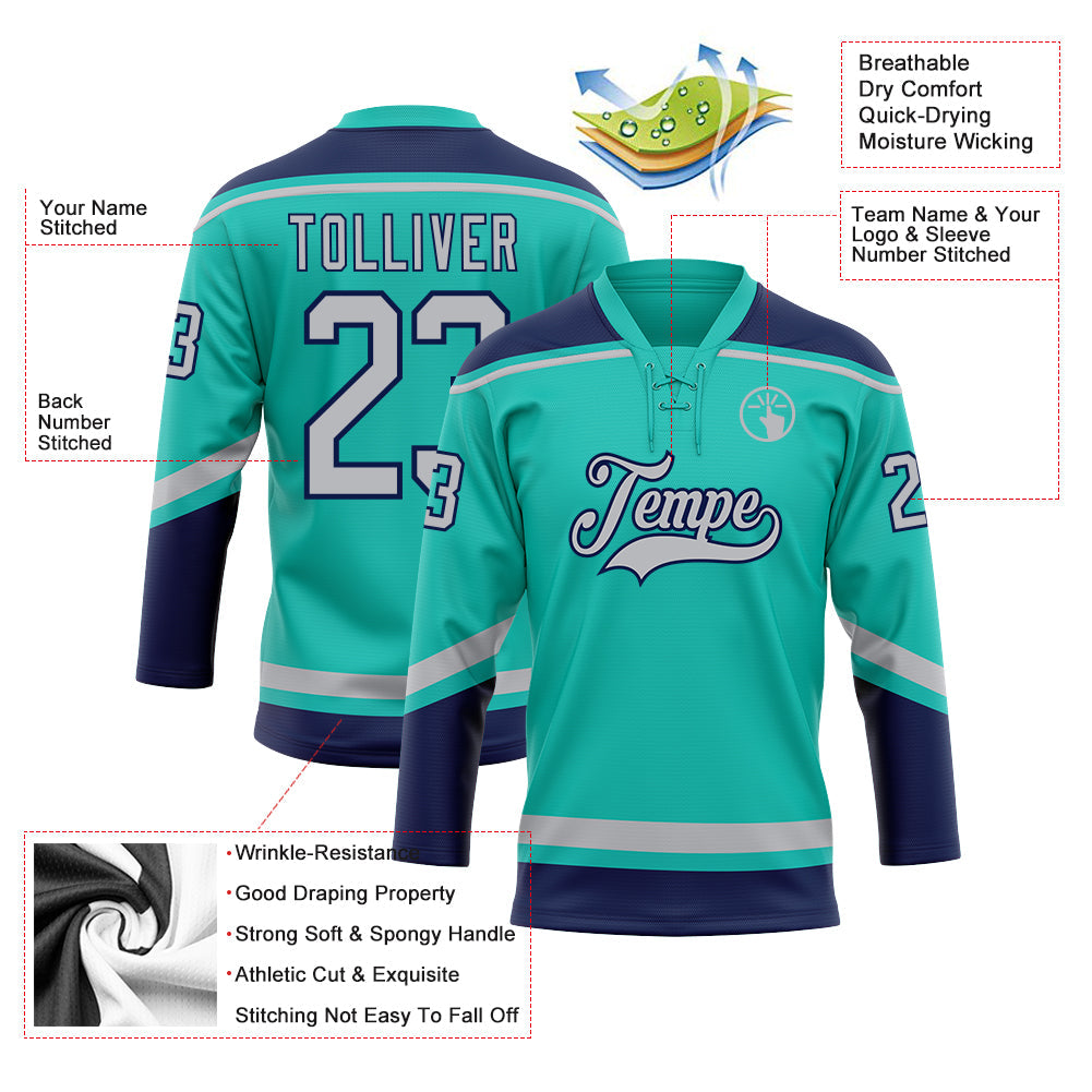 Custom Aqua Gray-Navy Hockey Lace Neck Jersey view 3