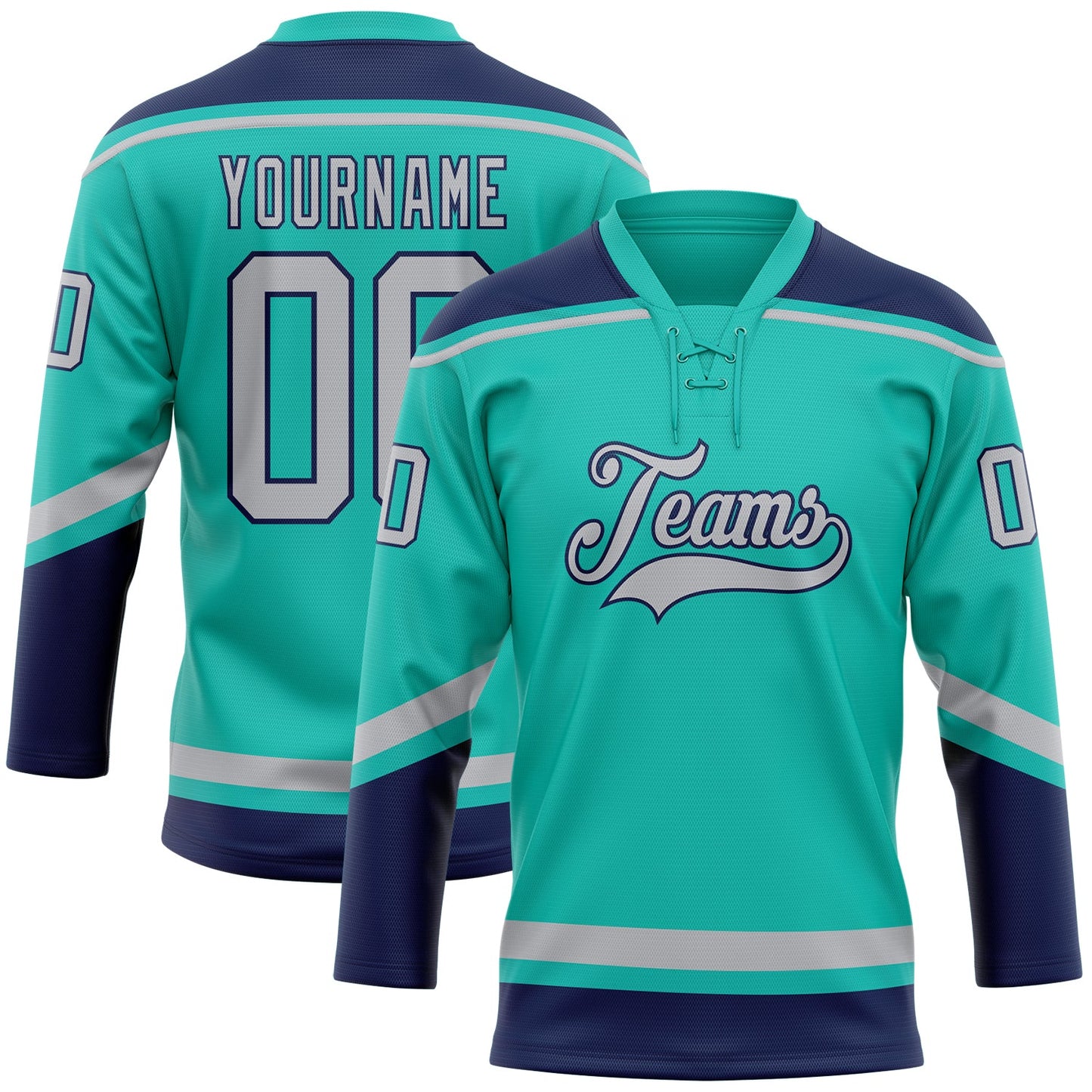 Custom Aqua Gray-Navy Hockey Lace Neck Jersey - Main View