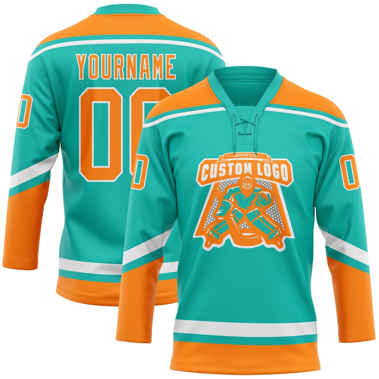 Custom Aqua Bay Orange-White Hockey Lace Neck Jersey view 2