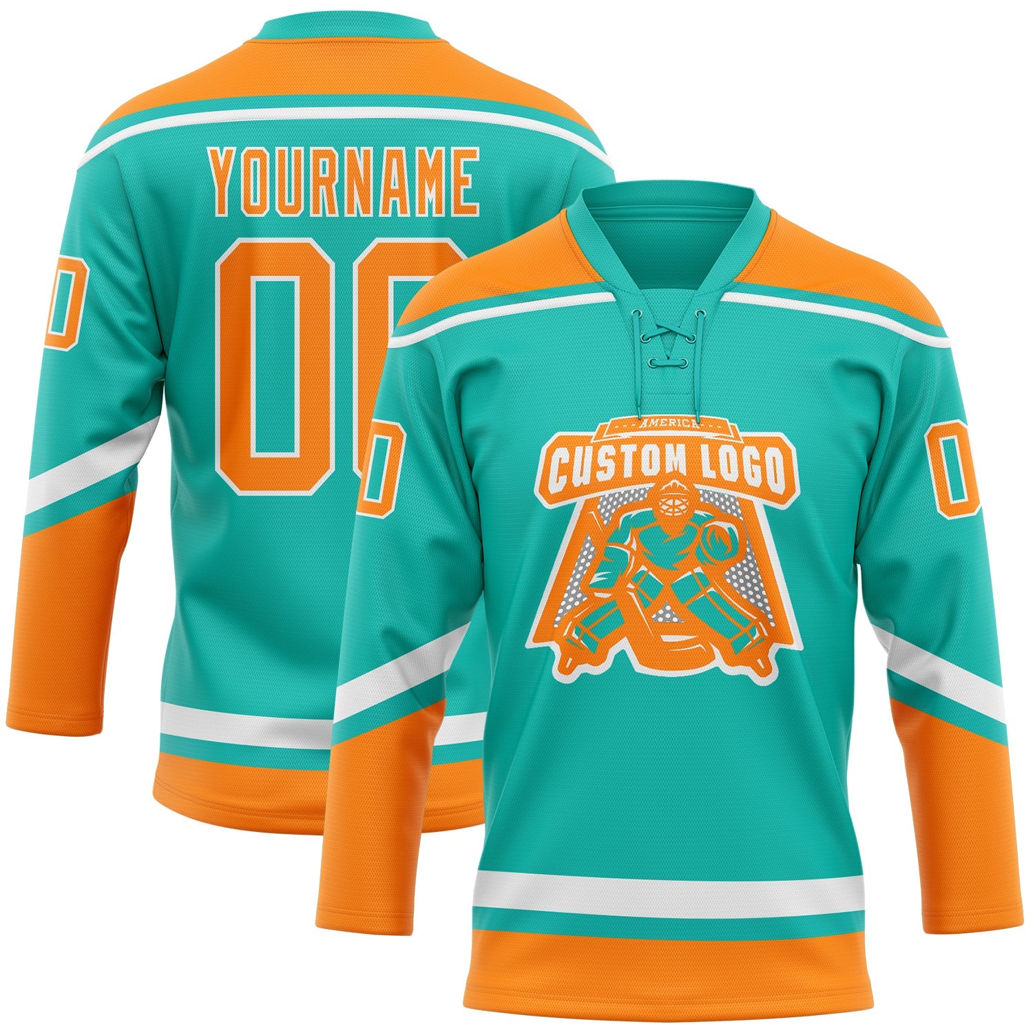 Custom Aqua Bay Orange-White Hockey Lace Neck Jersey view 2