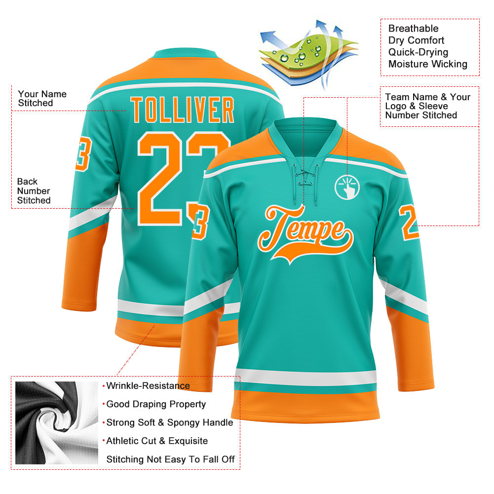 Custom Aqua Bay Orange-White Hockey Lace Neck Jersey view 3