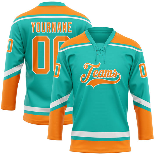 Custom Aqua Bay Orange-White Hockey Lace Neck Jersey - Main View