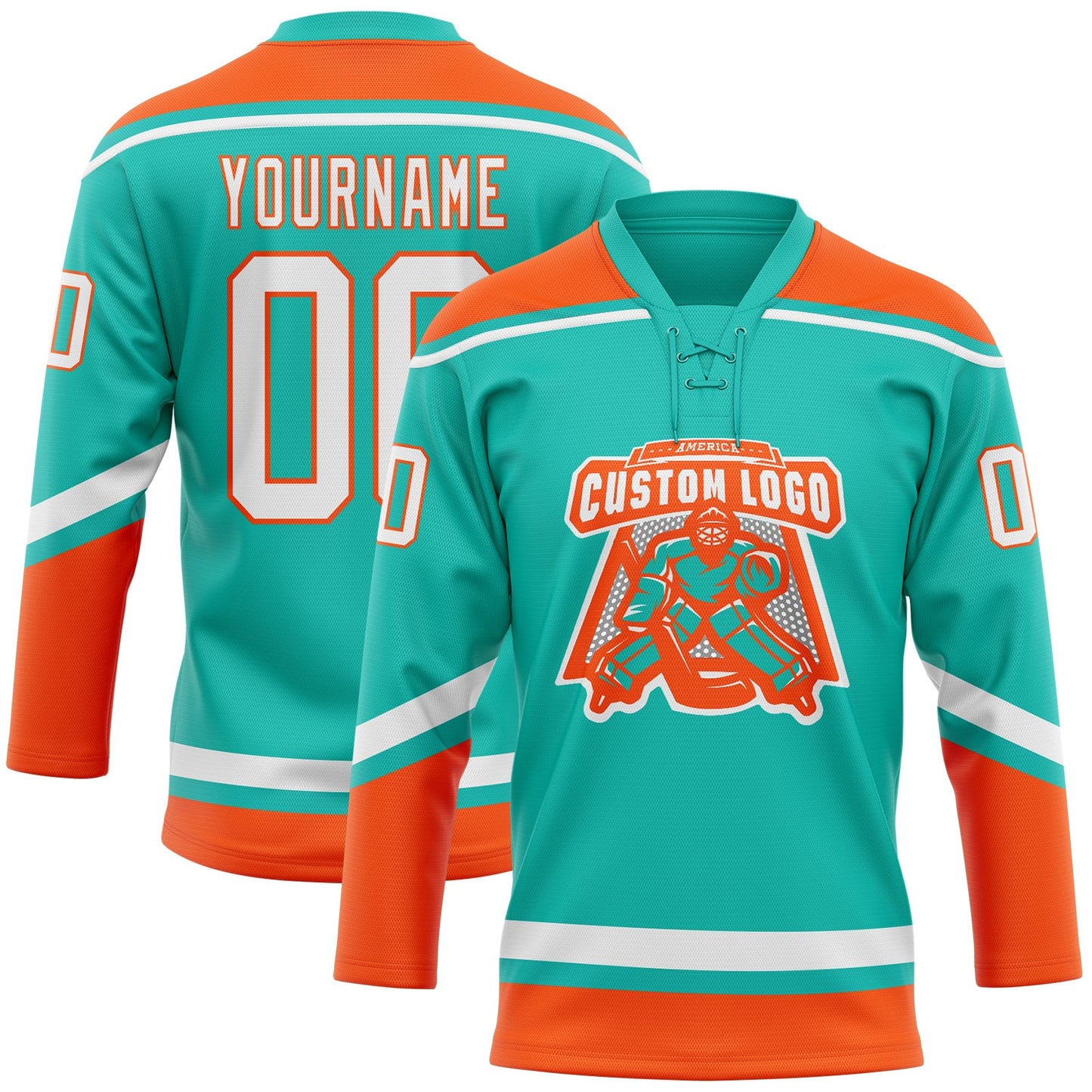 Custom Aqua White-Orange Hockey Lace Neck Jersey view 2