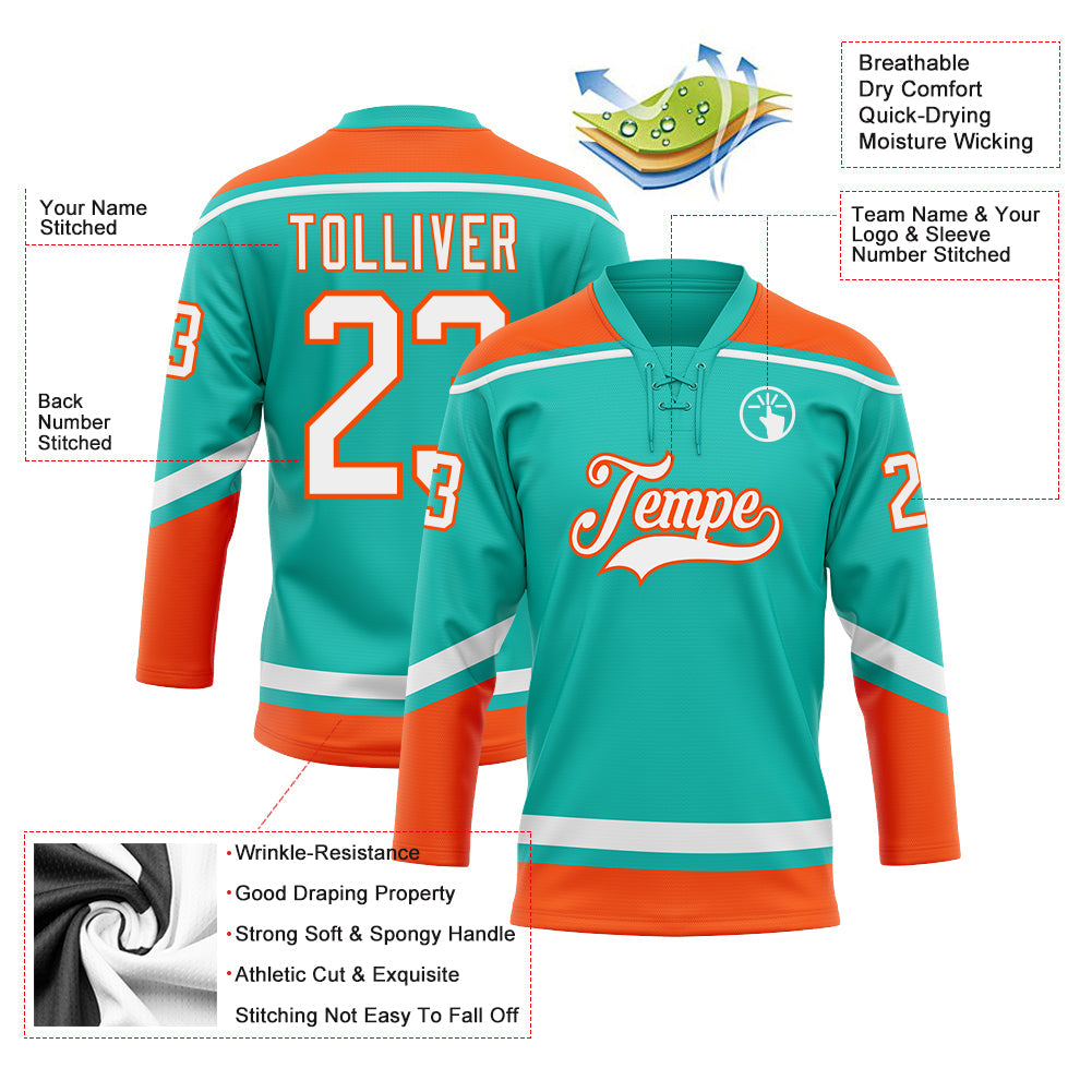 Custom Aqua White-Orange Hockey Lace Neck Jersey view 3