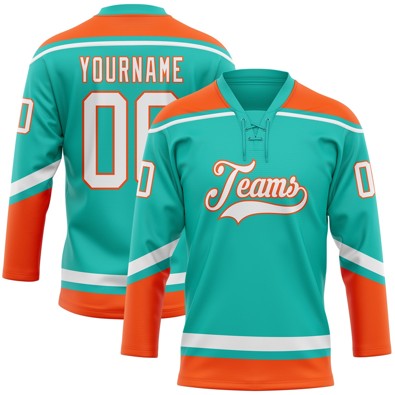 Custom Aqua White-Orange Hockey Lace Neck Jersey - Main View