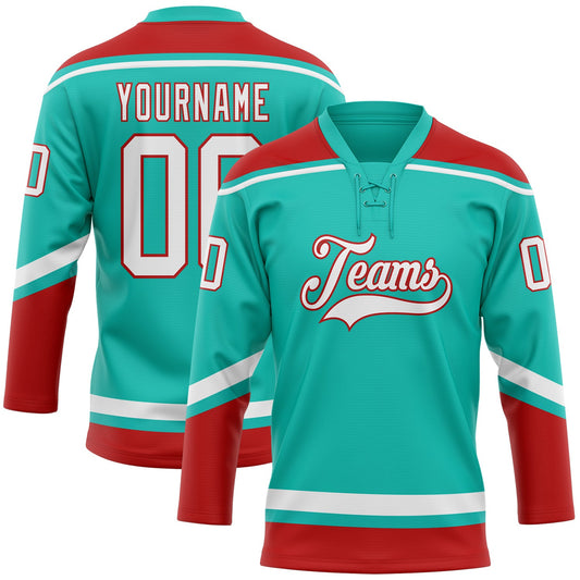 Custom Aqua White-Red Hockey Lace Neck Jersey - Main View