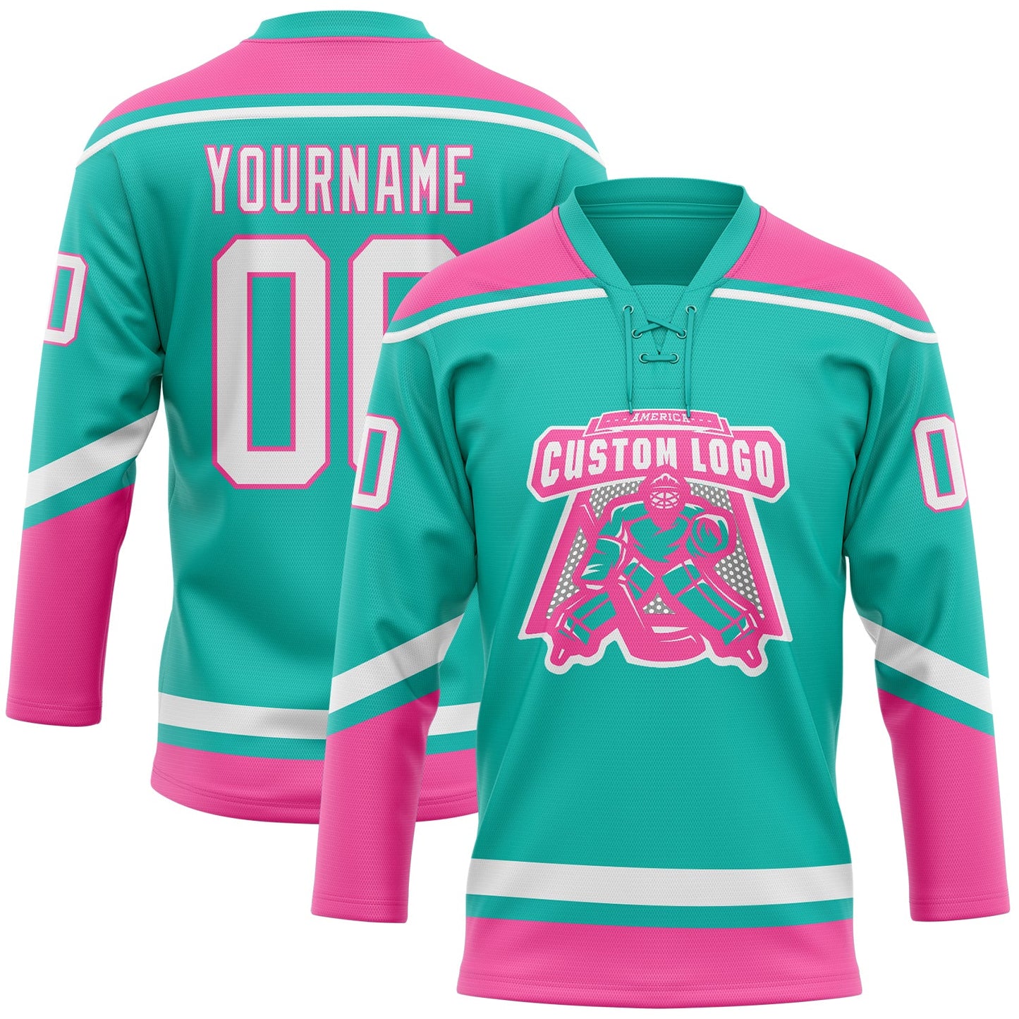 Custom Aqua White-Pink Hockey Lace Neck Jersey view 2