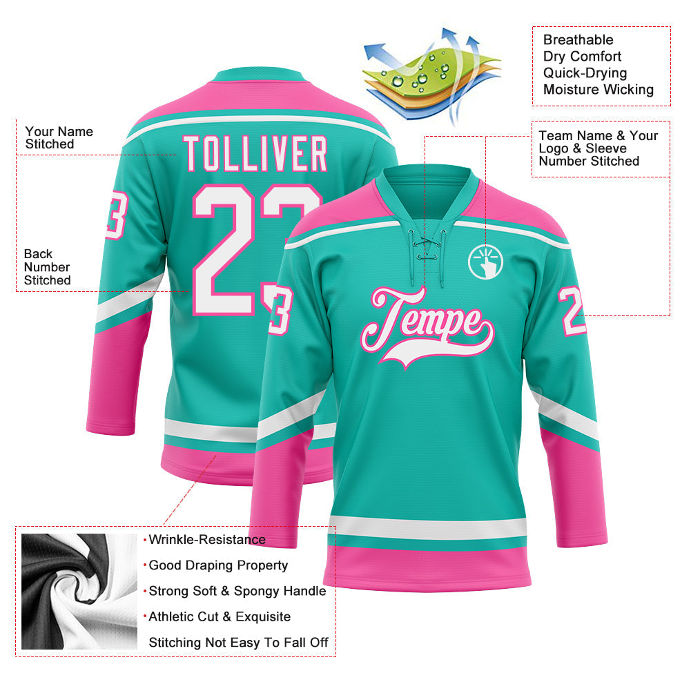 Custom Aqua White-Pink Hockey Lace Neck Jersey view 3