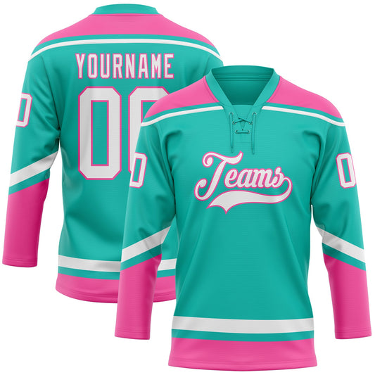 Custom Aqua White-Pink Hockey Lace Neck Jersey - Main View