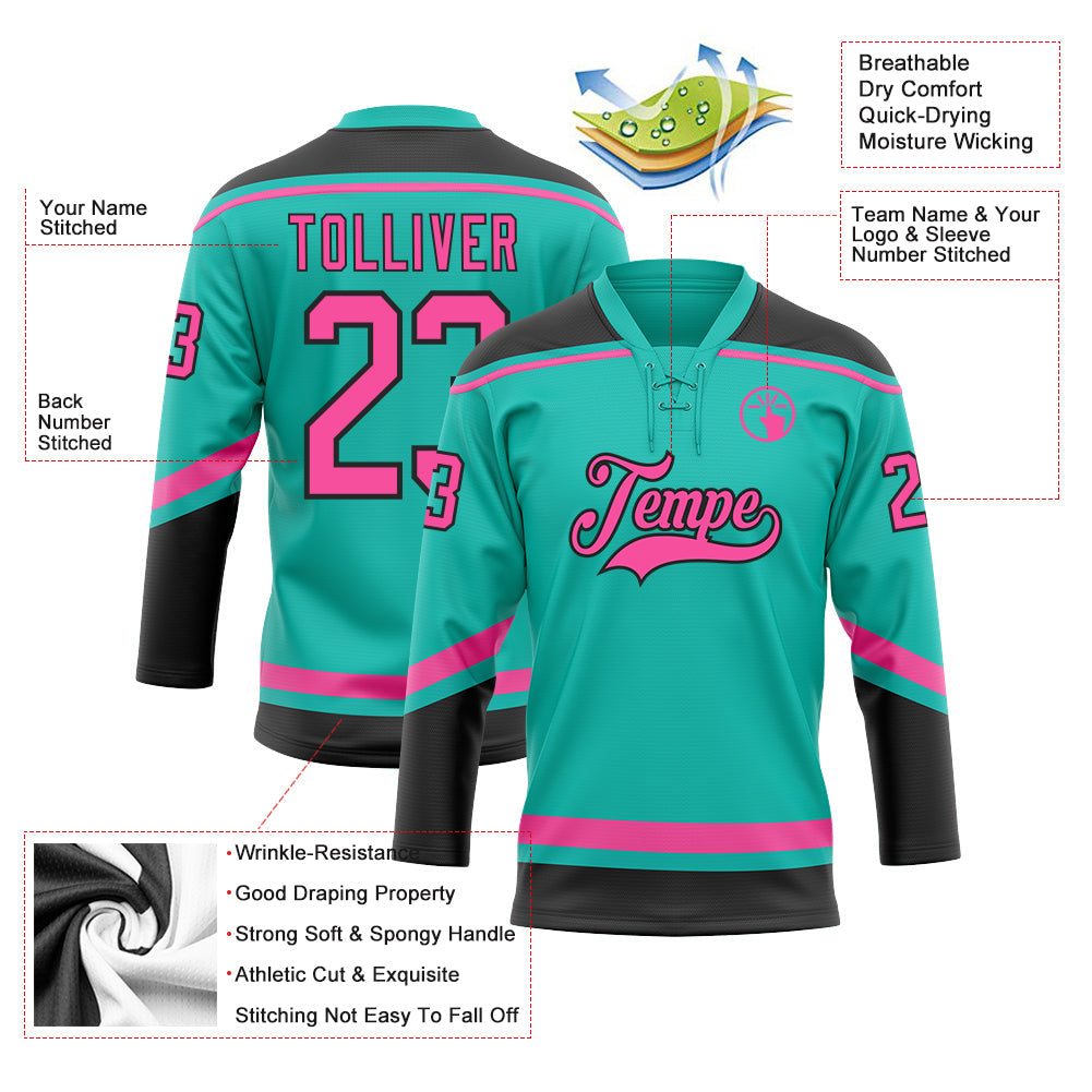 Custom Aqua Pink-Black Hockey Lace Neck Jersey view 3