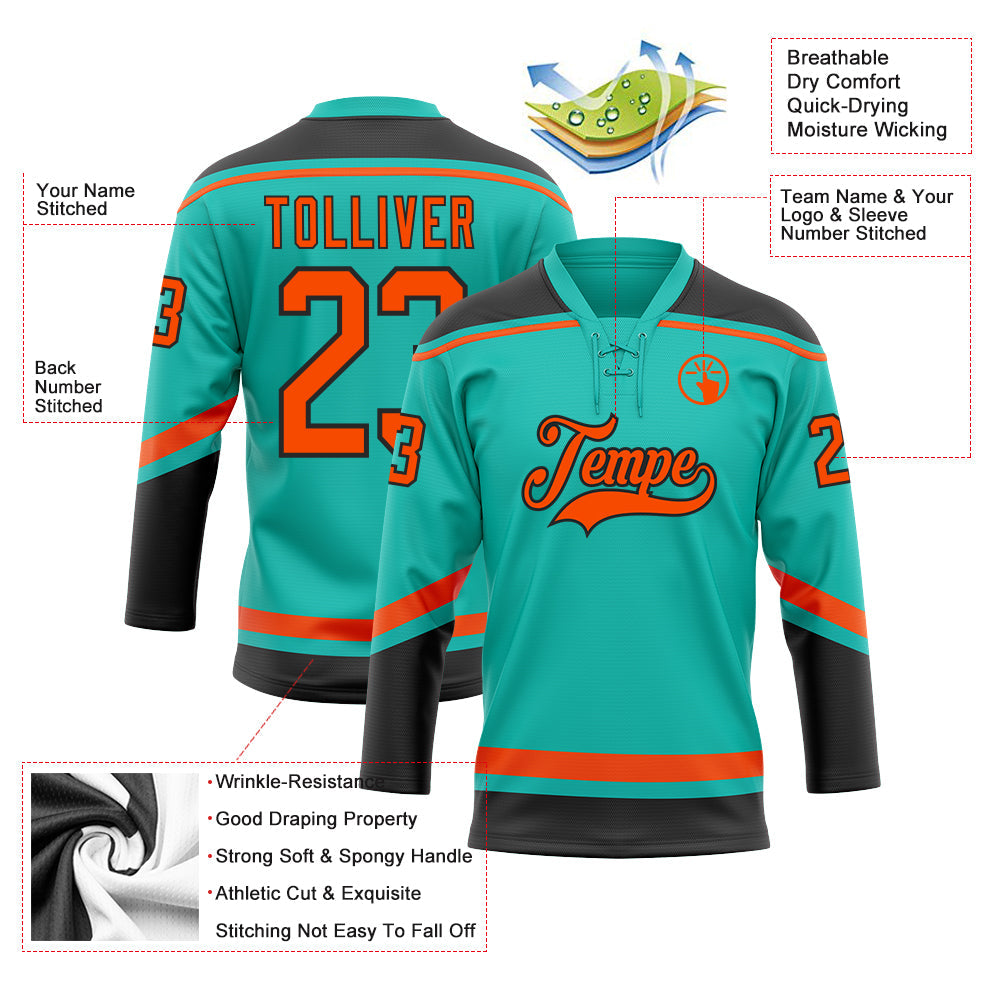 Custom Aqua Orange-Black Hockey Lace Neck Jersey view 3